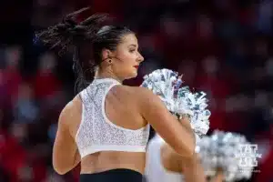 Nebraska Cornhuskers Scarlets dance team member performs at a break in the action during a college baskteball game against the UT Rio Grande Valley Vaqueros Monday, November 4, 2024, in Lincoln, Nebraska. Photo by John S. Peterson.