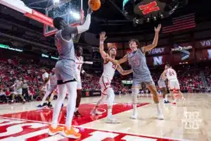 Nebraska Cornhusker forward Andrew Morgan (23) guards UT Rio Grande Valley Vaqueros forward Tommy Gankhuyag (33) in the second half during a college baskteball game Monday, November 4, 2024, in Lincoln, Nebraska. Photo by John S. Peterson.