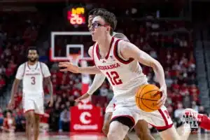 Nebraska Cornhusker guard Gavin Griffiths (12) drives to the basket against the UT Rio Grande Valley Vaqueros in the first half during a college baskteball game Monday, November 4, 2024, in Lincoln, Nebraska. Photo by John S. Peterson.