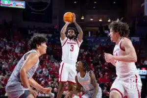 Nebraska Cornhusker guard Brice Williams (3) makes a three point shot against the UT Rio Grande Valley Vaqueros in the first half during a college baskteball game Monday, November 4, 2024, in Lincoln, Nebraska. Photo by John S. Peterson.