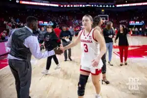 Nebraska Cornhusker guard Allison Weidner (3) heads to the locker room after the win over the Omaha Mavericks during a college women’s baskteball game Monday, November 4, 2024, in Lincoln, Nebraska. Photo by John S. Peterson.
