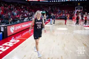 Omaha Maverick guard Grace Cave (20) heads to the locker room afte a college women’s baskteball game against the Nebraska Cornhuskers Monday, November 4, 2024, in Lincoln, Nebraska. Photo by John S. Peterson.