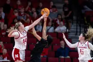 Nebraska Cornhusker forward Petra Bozan (44) blocks Omaha Maverick forward Aaliyah Moore (1) in the second half during a college women’s baskteball game Monday, November 4, 2024, in Lincoln, Nebraska. Photo by John S. Peterson.