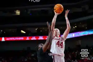Nebraska Cornhusker forward Petra Bozan (44) makes a lay up against Omaha Maverick guard Lauren Perry (2) in the second half during a college women’s baskteball game Monday, November 4, 2024, in Lincoln, Nebraska. Photo by John S. Peterson.