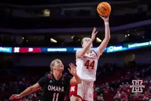 Nebraska Cornhusker forward Petra Bozan (44) makes a lay up against Omaha Maverick forward Alison Stephens (11) in the second half during a college women’s baskteball game Monday, November 4, 2024, in Lincoln, Nebraska. Photo by John S. Peterson.