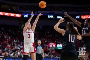 Nebraska Cornhusker guard Allison Weidner (3) makes a thee point shot against Omaha Mavericks in the second half during a college women’s baskteball game Monday, November 4, 2024, in Lincoln, Nebraska. Photo by John S. Peterson.
