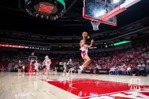 Nebraska Cornhusker forward Natalie Potts (22) makes a lay up against the Omaha Mavericks in the second half during a college women’s baskteball game Monday, November 4, 2024, in Lincoln, Nebraska. Photo by John S. Peterson.