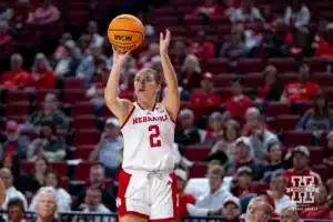 Nebraska Cornhusker guard Logan Nissley (2) makes a jump shot against the Omaha Mavericks in the second half during a college women’s baskteball game Monday, November 4, 2024, in Lincoln, Nebraska. Photo by John S. Peterson.