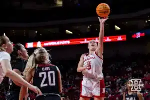Nebraska Cornhusker guard Allison Weidner (3) makes a lay up against Omaha Mavericks in the second half during a college women’s baskteball game Monday, November 4, 2024, in Lincoln, Nebraska. Photo by John S. Peterson.