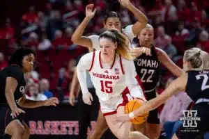 Nebraska Cornhusker guard Kendall Moriarty (15) drives to the basket against Omaha Mavericks in the second half during a college women’s baskteball game Monday, November 4, 2024, in Lincoln, Nebraska. Photo by John S. Peterson.