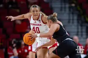 Nebraska Cornhusker center Alexis Markowski (40) defends against Omaha Maverick forward Cora Olsen (22) during a college women’s baskteball game Monday, November 4, 2024, in Lincoln, Nebraska. Photo by John S. Peterson.