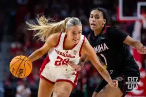 Nebraska Cornhusker forward Natalie Potts (22) drives to the lane against Omaha Maverick forward Aaliyah Moore (1) in the second half during a college women’s baskteball game Monday, November 4, 2024, in Lincoln, Nebraska. Photo by John S. Peterson.