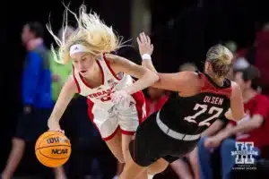 Nebraska Cornhusker guard Britt Prince (23) collides with Omaha Maverick forward Cora Olsen (22) in the second half during a college women’s baskteball game Monday, November 4, 2024, in Lincoln, Nebraska. Photo by John S. Peterson.