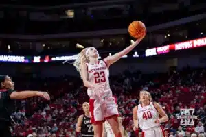 Nebraska Cornhusker guard Britt Prince (23) makes a lay up against the Omaha Mavericks in the second half during a college women’s baskteball game Monday, November 4, 2024, in Lincoln, Nebraska. Photo by John S. Peterson.