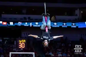 Xpogo performs at halftime during a college women’s baskteball game between the Nebraska Cornhuskers and the Omaha Mavericks Monday, November 4, 2024, in Lincoln, Nebraska. Photo by John S. Peterson.