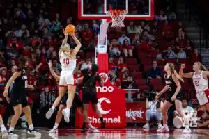 Nebraska Cornhusker center Alexis Markowski (40) makes a basket against the Omaha Mavericks int the first half during a college women’s baskteball game Monday, November 4, 2024, in Lincoln, Nebraska. Photo by John S. Peterson.