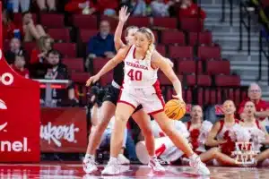 Nebraska Cornhusker center Alexis Markowski (40) drives to the basket against Omaha Maverick forward Paige Horne (15) in the first quarter during a college women’s baskteball game Monday, November 4, 2024, in Lincoln, Nebraska. Photo by John S. Peterson.