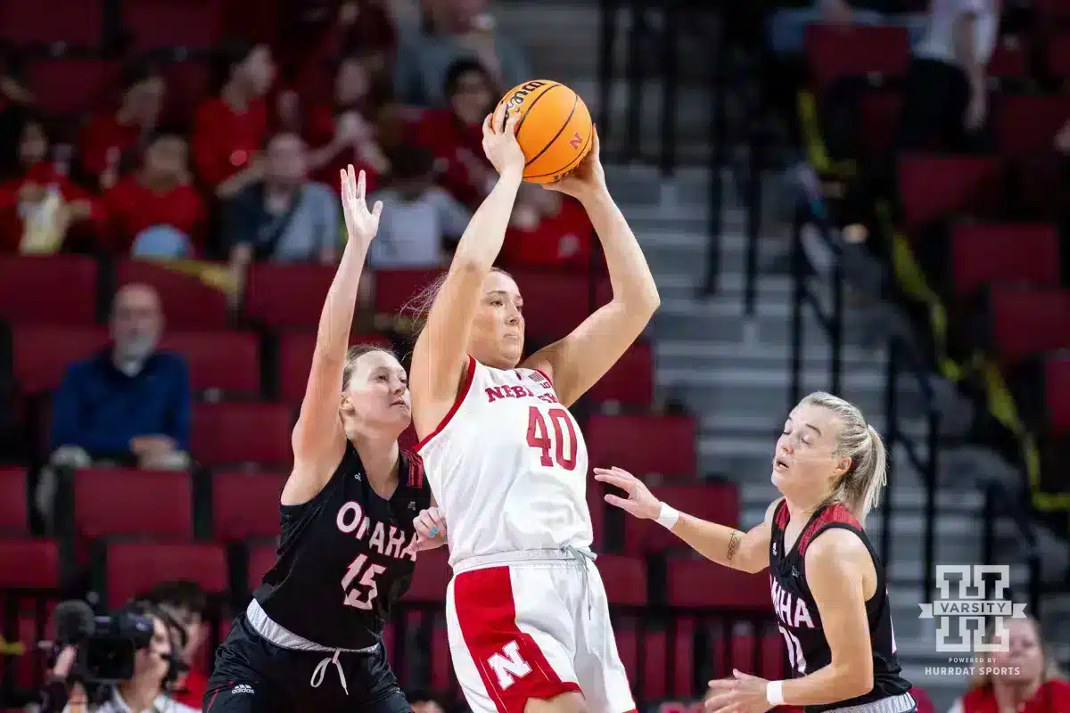 Nebraska Women’s Basketball v Omaha – November 4, 2024. Nebraska Cornhusker center Alexis Markowski (40) looks to pass against the Omaha Mavericks in the first half during a college women’s baskteball game Monday, November 4, 2024, in Lincoln, Nebraska. Photo by John S. Peterson.