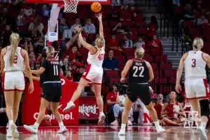 Nebraska Cornhusker center Alexis Markowski (40) puts up a layup against Omaha Maverick forward Morgann Gardner (24) in the first half during a college women’s baskteball game Monday, November 4, 2024, in Lincoln, Nebraska. Photo by John S. Peterson.