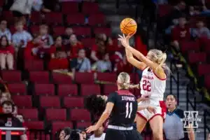 Nebraska Cornhusker forward Natalie Potts (22) shoots a jump shot againt the Omaha Mavericks in the first half during a college women’s baskteball game Monday, November 4, 2024, in Lincoln, Nebraska. Photo by John S. Peterson.