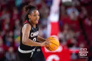 Omaha Maverick guard Lauren Perry (2) dribbles the ball down the court agianst the Nebraska Cornhuskers in the first half during a college women’s baskteball game Monday, November 4, 2024, in Lincoln, Nebraska. Photo by John S. Peterson.