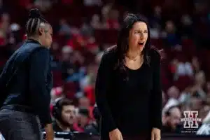 Nebraska Cornhusker head coach Amy Williams reacts to a call from the officials in the first half against the Omaha Mavericks during a college women’s baskteball game Monday, November 4, 2024, in Lincoln, Nebraska. Photo by John S. Peterson.