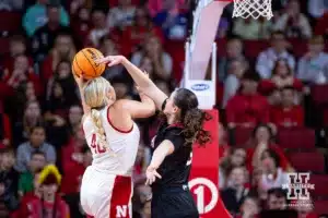Nebraska Cornhusker center Alexis Markowski (40) makes a lay up against Omaha Maverick center Harriet Ford (0) in the first half during a college women’s baskteball game Monday, November 4, 2024, in Lincoln, Nebraska. Photo by John S. Peterson.
