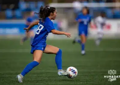 Creighton Bluejay midfielder Stella Downing (98) dribbles the ball against the UConn Huskies in the first half during the first round of the Big East Women’s Soccer Tournament Sunday, November 3, 2024, in Omaha, Nebraska. Photo by John S. Peterson.