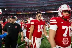 Nebraska Cornhusker quarterback Heinrich Haarberg (10) walks off the filed after the game against the UCLA Bruins during a college football game Saturday, November 2, 2024, in Lincoln, Nebraska. Photo by John S. Peterson.
