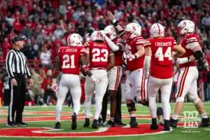 Nebraska Cornhusker running back Dante Dowdell (23) celebrates scoring a touchdown with teammates against the UCLA Bruins in the fourth quarter during a college football game Saturday, November 2, 2024, in Lincoln, Nebraska. Photo by John S. Peterson.