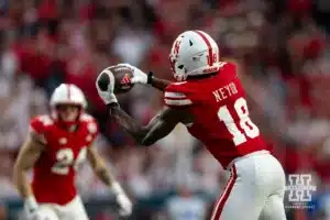 Nebraska Cornhusker wide receiver Isaiah Neyor (18) makes a catch in the fourth quarter against the UCLA Bruins during a college football game Saturday, November 2, 2024, in Lincoln, Nebraska. Photo by John S. Peterson.