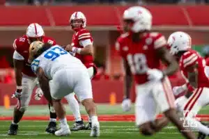 Nebraska Cornhusker quarterback Dylan Raiola (15) makes pass to wide receiver Isaiah Neyor (18) in the foiurth quarter against the UCLA Bruins during a college football game Saturday, November 2, 2024, in Lincoln, Nebraska. Photo by John S. Peterson.