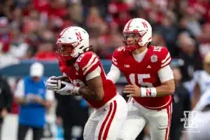Nebraska Cornhusker quarterback Dylan Raiola (15) hands the ball off to running back Dante Dowdell (23) in the fourth quarter during a college football game Saturday, November 2, 2024, in Lincoln, Nebraska. Photo by John S. Peterson.
