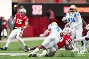 A pass to Nebraska Cornhusker wide receiver Jaylen Lloyd (19) broken up by UCLA Bruin defensive back Bryan Addison (4) in the third quarter during a college football game Saturday, November 2, 2024, in Lincoln, Nebraska. Photo by John S. Peterson.
