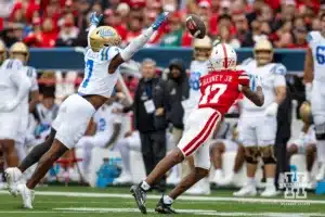 ebraska Cornhusker wide receiver Jacory Barney Jr. (17) makes a catch against UCLA Bruin defensive back K.J. Wallace (7) in the second quarter during a college football game Saturday, November 2, 2024, in Lincoln, Nebraska. Photo by John S. Peterson.