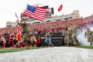 Nebraska Cornhusker quarterback Dylan Raiola (15) leads the Huskers out to the field against the UCLA Bruins during a college football game Saturday, November 2, 2024, in Lincoln, Nebraska. Photo by John S. Peterson.