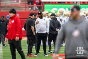 Nebraska Cornhusker head coach Matt Rhule and UCLA Bruin head coach DeShaun Foster meet at center field before a college football game Saturday, November 2, 2024, in Lincoln, Nebraska. Photo by John S. Peterson.