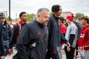 Nebraska Cornhusker head coach Matt Rhule walks to the stadium in the Legacy Walk before the college football game against the UCLA Bruins Saturday, November 2, 2024, in Lincoln, Nebraska. Photo by John S. Peterson.