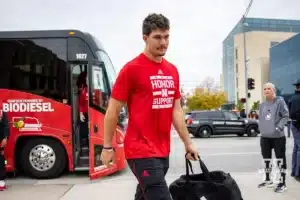 Nebraska Cornhusker quarterback Heinrich Haarberg (10) walks to the stadium in the Legacy Walk before the college football game against the UCLA Bruins Saturday, November 2, 2024, in Lincoln, Nebraska. Photo by John S. Peterson.