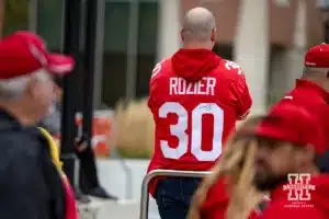 Nebraska Cornhusker fan wearing a Mike Rozier jersey during a college football game Saturday, November 2, 2024, in Lincoln, Nebraska. Photo by John S. Peterson.