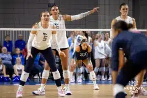 Creighton Bluejay middle blocker Jaya Johnson (6) gives a signal against the St. John's Red Storm in the third set during a college volleyball match Friday, November 1, 2024, in Omaha, Nebraska. Photo by John S. Peterson.