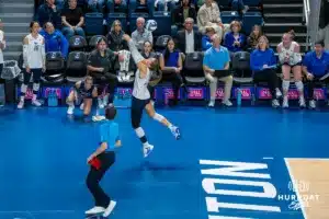 Creighton Bluejay outside hitter Norah Sis (2) saves the ball against the St. John's Red Storm during a college volleyball match Friday, November 1, 2024 in Omaha Nebraska. Photo by Brandon Tiedemann.
