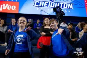 Creighton Bluejays students having fun dancing at a break in the action against the St. John's Red Storm during a college volleyball match Friday, November 1, 2024, in Omaha, Nebraska. Photo by John S. Peterson.