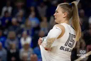 Creighton Bluejay setter Kendra Wait (15) signals a play against the St. John's Red Storm in the first set during a college volleyball match Friday, November 1, 2024, in Omaha, Nebraska. Photo by John S. Peterson.