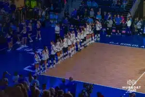 Creighton Bluejays line up for the National Anthem before taking on the St. John's Red Storm during a college volleyball match Friday, November 1, 2024 in Omaha Nebraska. Photo by Brandon Tiedemann.