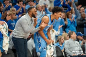 Creighton Bluejays Jasen Green celebrates a big play against St John's Red Storm during a college basketball game Tuesday, December 31, 2024, in Omaha, Nebraska. Photo by Brandon Tiedemann.
