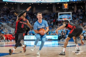 Creighton Bluejays Steven Ashworth gets fouled against St John's Red Storm during a college basketball game Tuesday, December 31, 2024, in Omaha, Nebraska. Photo by Brandon Tiedemann.