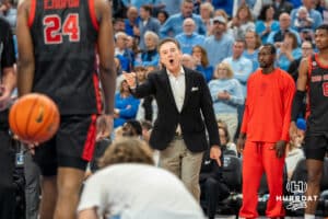 St John's head coach Rick Pitino angered after a call against St John's Red Storm during a college basketball game Tuesday, December 31, 2024, in Omaha, Nebraska. Photo by Brandon Tiedemann.