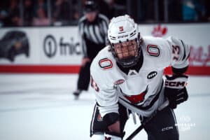 UNO Mavericks player, Jacob Slipec, during a college hockey game on Dec 29, 2024 in Omaha, Nebraska. Photo by Logan Hock