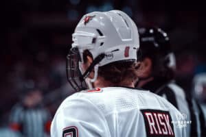 UNO Mavericks player, Brady Risk, during a college hockey game on Dec 29, 2024 in Omaha, Nebraska. Photo by Logan Hock
